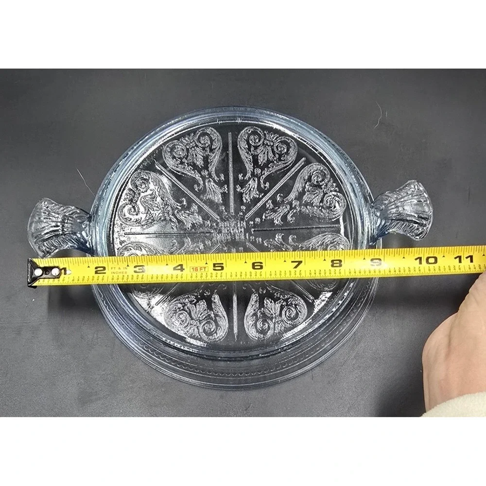 Philbe Sapphire Blue Fire King Glass Serving Dish and Trivet‎ SET Floral Etched